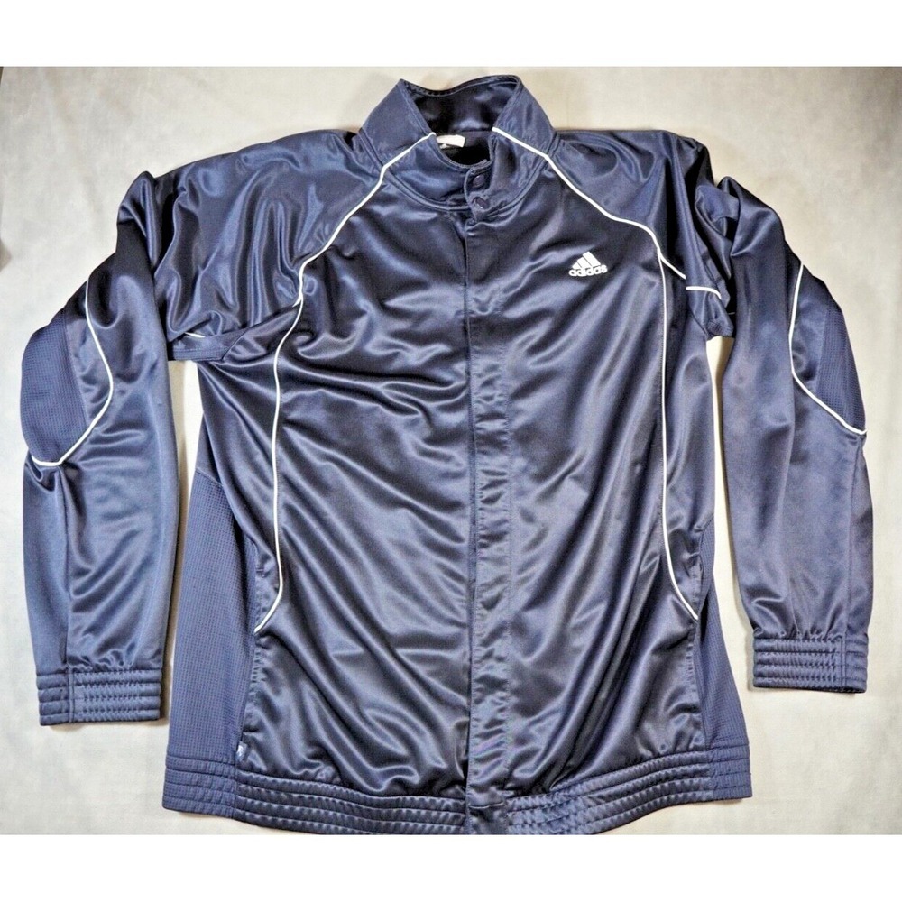 VTG adidas Clima365 Mens Size XL Track Jacket Navy Blue Snap Upβ Fleece Pockets